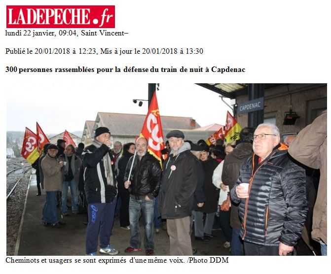 Samedi 20 janvier 2018 – Manifestation de Capdenac-Gare (12) pour le train de nuit – Compte rendu de La Dépêche du Midi